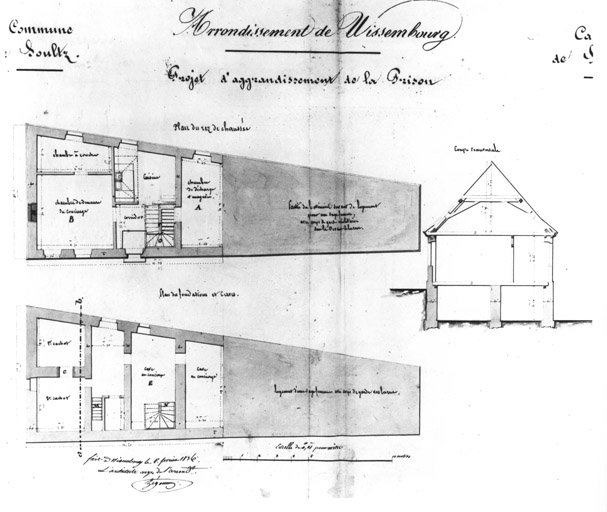 La prison. Plan des caves et du rez-de-chaussée, coupe transversale.