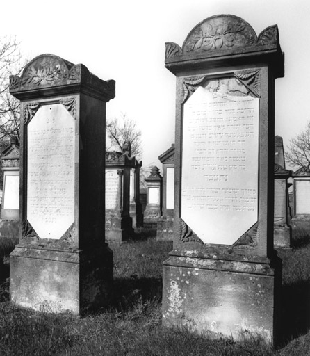 Vue d'ensemble du cimetière juif (non étudié), R.D.28. Stèle (stèle funéraire, No 2), du rabbin Léopold Cahn et son épouse.