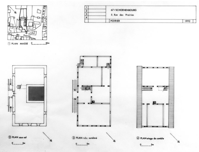 Plan de masse et de situation : plan du sous-sol, du rez-de-chaussée surélevé, plan de l'étage de comble.