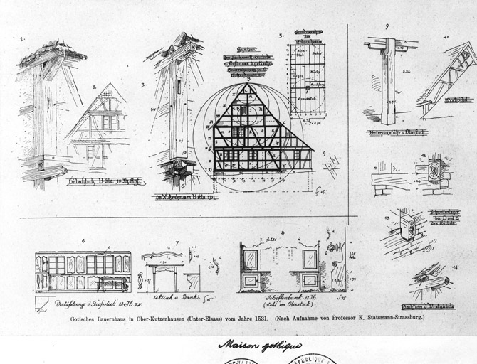 Elévation, détails : pan-de-bois et lambris.