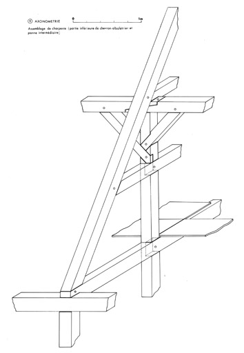 Détail de charpente : assemblage panne intermédiaire-chevron arbalétrier.