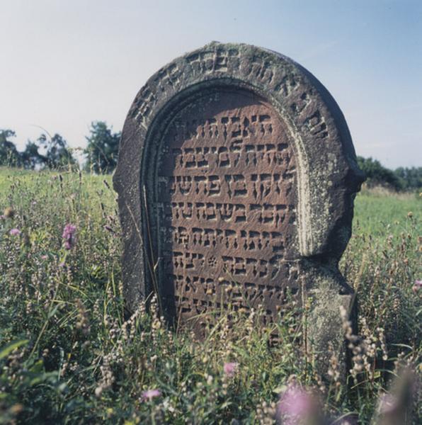 Vue d'ensemble de la stèle funéraire d'Isaac dit Eisiq, fils de Meïr Kakhan, de Willstätt, décédé en 1667.