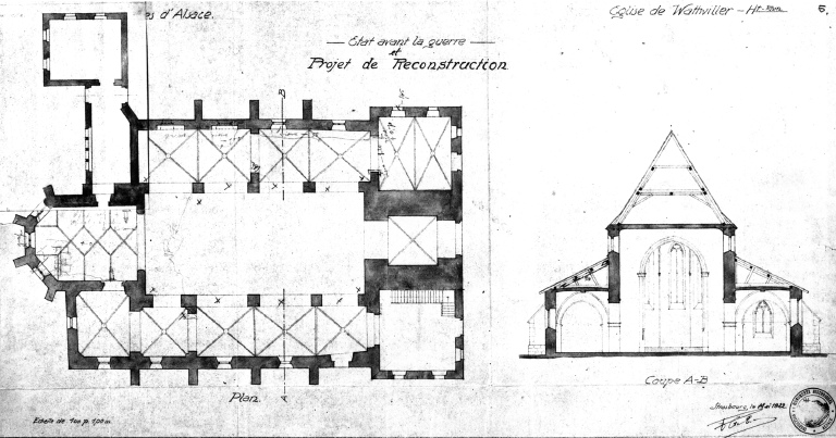 Plan de l'église : état avant 1914 et projet de rerconstruction avec feuille de retombe. Coupe transversale de la nef (mai 1992).