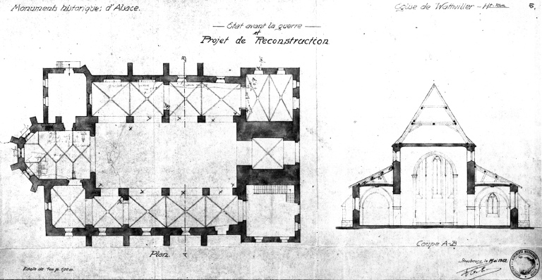 Plan de l'église : état avant 1914 et projet de rerconstruction avec feuille de retombe. Coupe transversale de la nef (mai 1992).