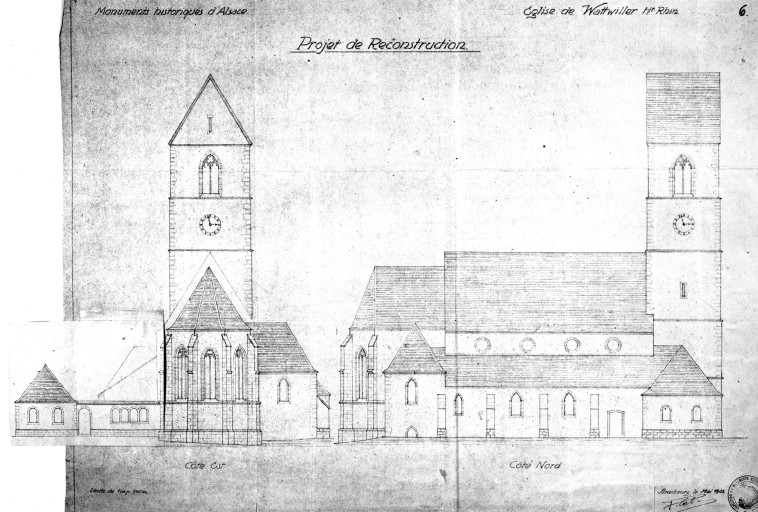 Elévation de façade est avec feuille de retombe. Elévation de façade nord. Mai 1922.