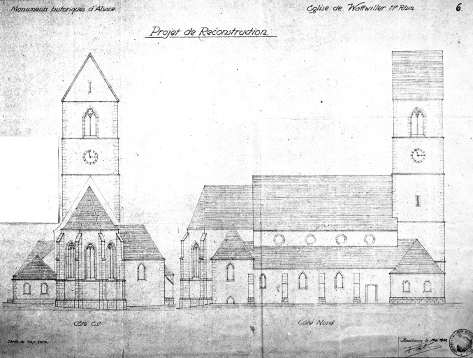 Elévation de façade est avec feuille de retombe. Elévation de façade nord. Mai 1922.