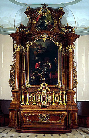 Autel, retable, tabernacle, 2 statues (maître-autel), de saint Joseph