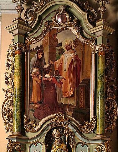 2 tableaux d'autel : Immaculée Conception, saint Fridolin guérissant des enfants