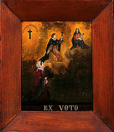 Ex-voto, tableau : Vierge à l'Enfant avec saint Jacques, une femme et un enfant