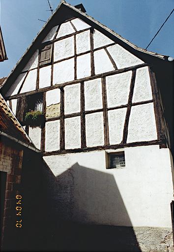 Maison, 2 rue du Château : décor gratté (Kratzputz) dans l'enduit, lignes ondulées, arbres de vie.
