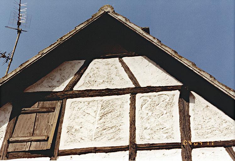 Maison, 2 rue du Château : décor gratté (Kratzputz) dans l'enduit, lignes ondulées, arbres de vie.