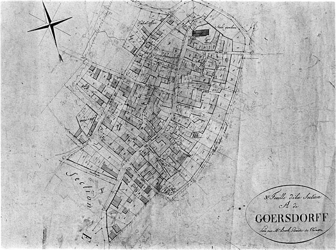 Extrait du plan cadastral de 1827, section A, 3ème feuille : le village de Goersdorf.