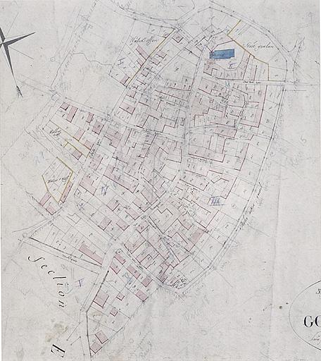 Extrait du plan cadastral de 1827, section A, 3ème feuille : le village de Goersdorf.