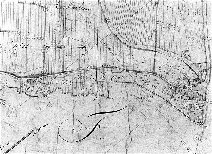 Vue du plan cadastral de 1827. Section C, extrait (rue du Moulin et rue Première).