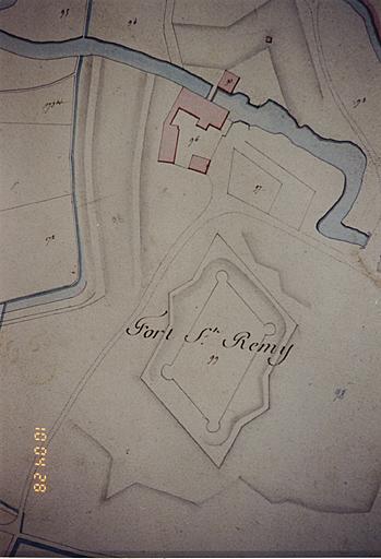 Détail du plan cadastral napoléonien (section G) avec situation du fort Saint-Rémi, du moulin du même nom et du pont sur la Lauter (Archives communales d'Altenstadt).