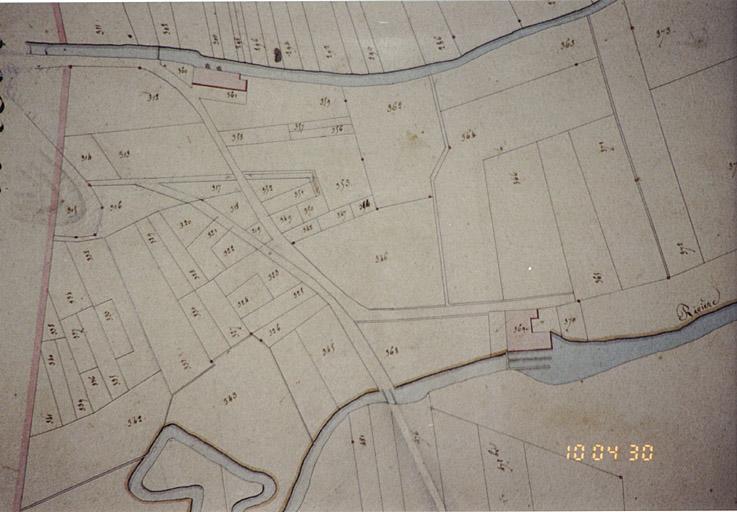 Vue sur le plan cadastral de deux moulins disparus : section E du cadastre de 1831 conservé à la mairie d'Altenstadt.