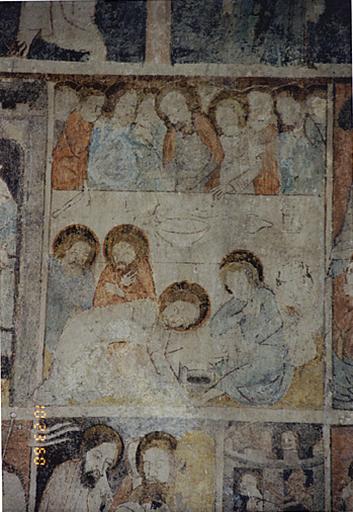 Bras sud du transept, mur sud. Registre intermédiaire, scène 3 : Cène et Lavement des pieds.