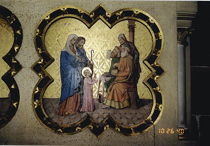 Détail du gradin. Tableau : Jésus au milieu des docteurs.