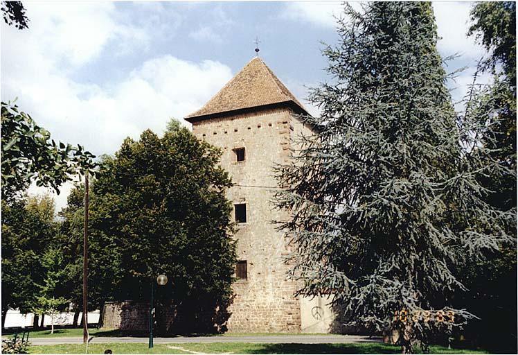 Vue de la tour et du mur d'enceinte depuis le sud.