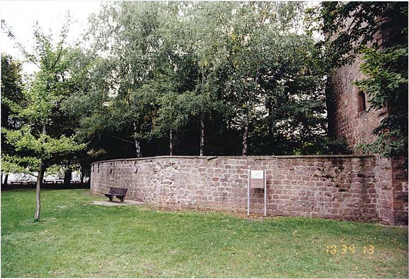 Vue partielle de la face ouest de la tour et mur d'enceinte ouest.