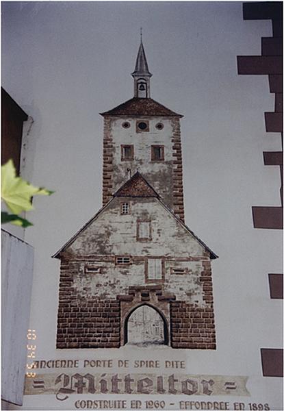 Reproduction peinte de l'ancienne porte du milieu (porte de Spire), vue depuis l'est, située entre le Bannacker et la ville.