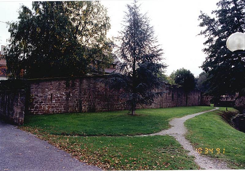 Courtine ouest de la ville, au sud de l'enceinte de l'abbaye, vue depuis l'ouest. Au fond, à droite, départ de la courtine sud du Bruch.