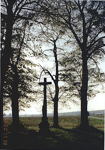 Vue de la croix entre les arbres.