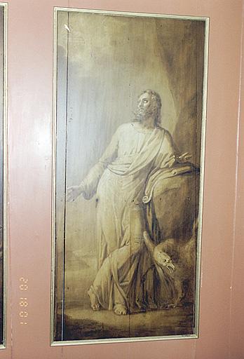 Saint Jean l'Evangéliste, tournant la tête vers l'Agneau sur le livre aux sept sceaux.