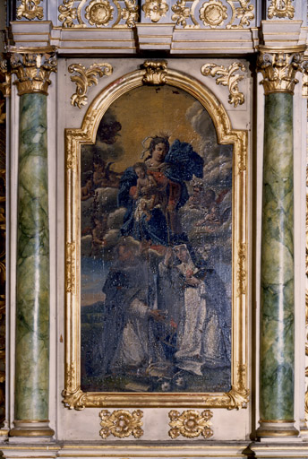 Détail du tableau : remise du Rosaire à saint Dominique et à sainte Catherine.