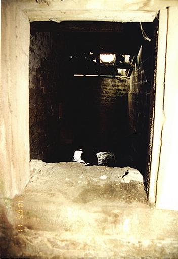 Vue de l'intérieur du petit corps de bâtiment ayant abrité la roue (?) vu à travers une baie, depuis le passage entre le moulin et la dépendance en rez-de-chaussée.