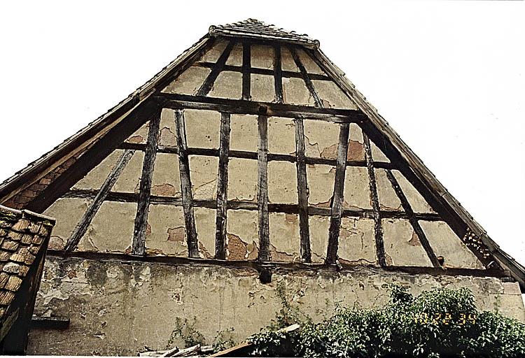 Ancienne ferme. Pignon de la dépendance avec hourdis en grès.