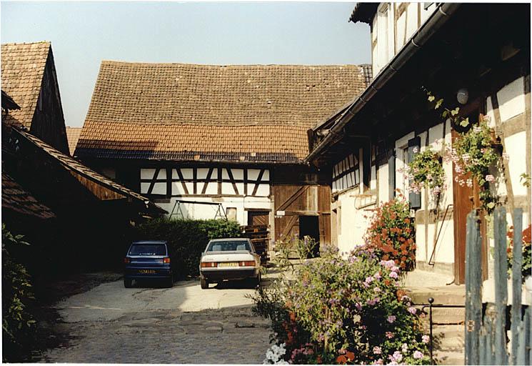 Vue partielle de la cour, avec logis, cave haute de 1787, écurie et grange.