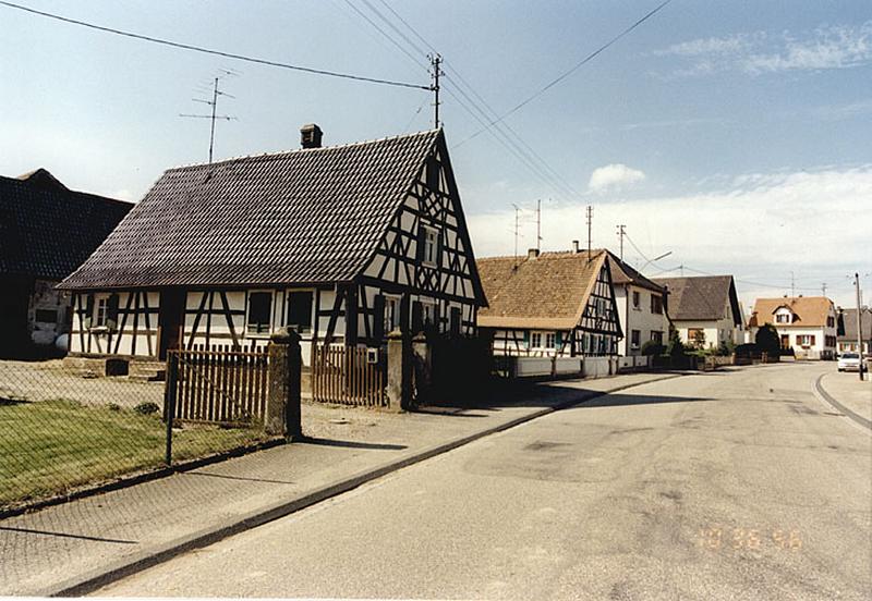 Vue de la rue Principale avec les fermes No 258 et 260 et des fermes reconstruites après la guerre.