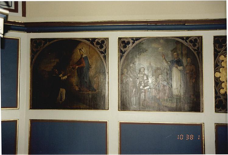 Vue des tableaux : la Vierge remettant le Rosaire à saint Dominique, saint Dominique prêchant.