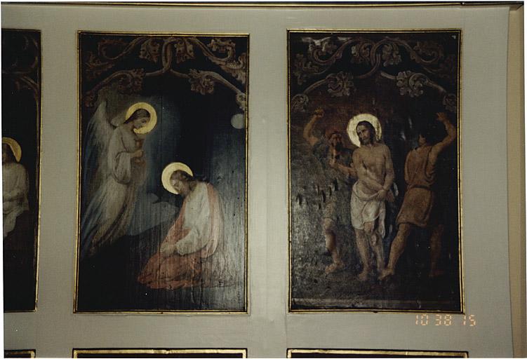 Vue des tableaux : le Christ au jardin des oliviers et station de chemin de croix, la flagellation du Christ.