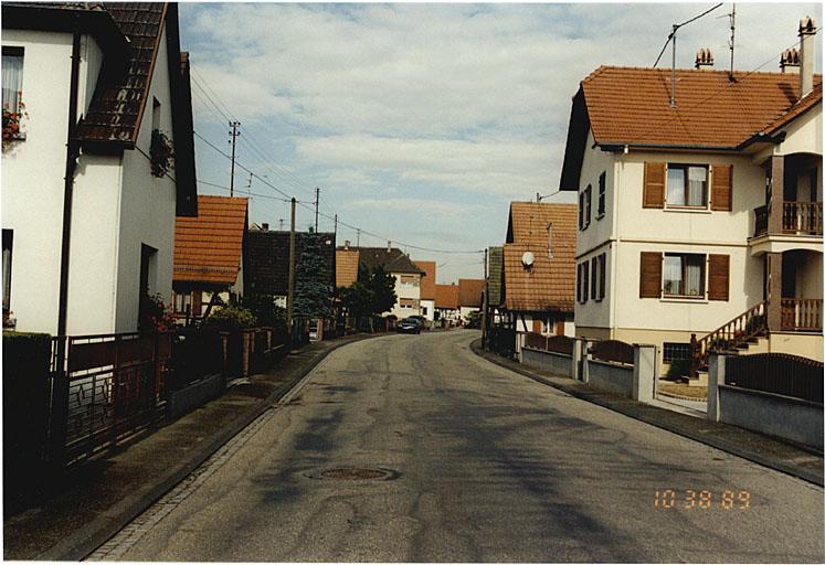Vue de la rue Principale avec fermes repérées 298,295 et 293 (à gauche) et maisons reconstruites après guerre.
