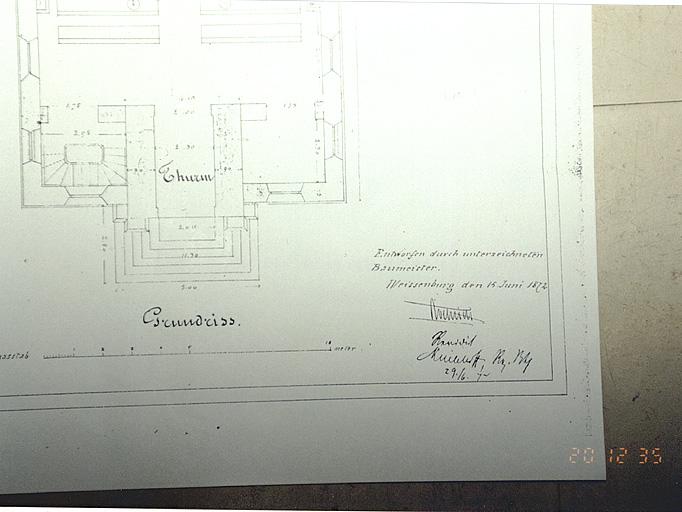 Plan de l'église, détail de l'inscription.