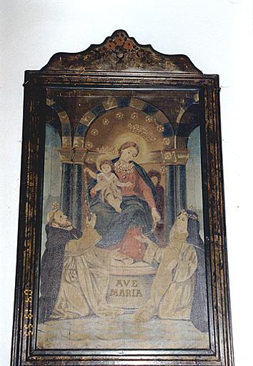 Vue d'ensemble d'un tableau figurant la remise du Rosaire par la Vierge et l'Enfant Jésus à saint Dominique et à sainte Rose de Lima.