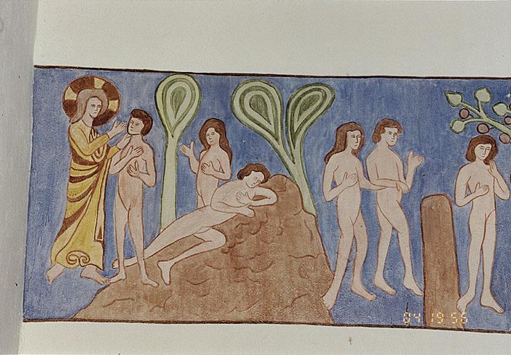 Détail des scènes figurant : la Création d'Adam ; la création d'Eve ; le Mariage d'Adam et Eve (?).