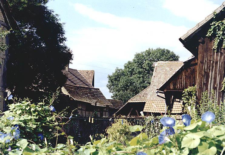 Vue du gouttereau arrière du séchoir de la ferme No 25, rue Principale.