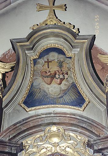 Vue d'ensemble d'un tableau : sacrés coeurs de Jésus et de la Vierge.