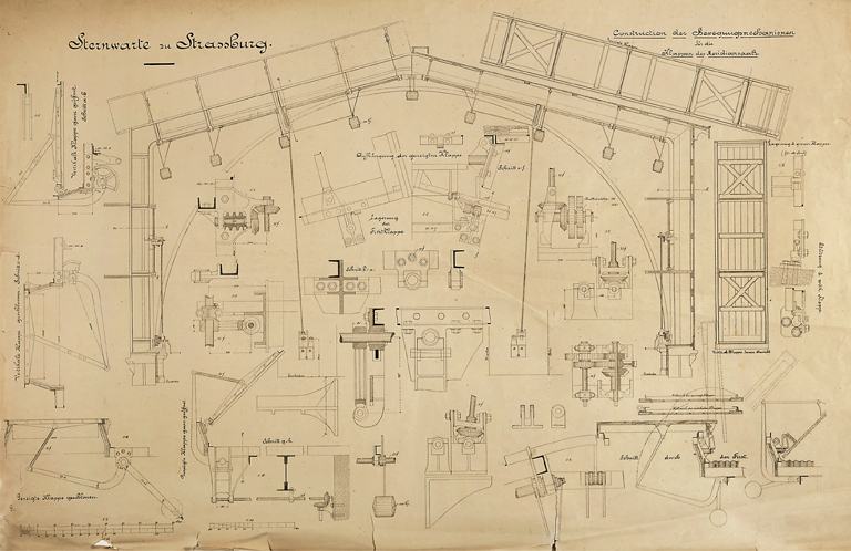 Planche montrant à l'aide de différentes figures le mécanisme d'ouverture de la toiture et des fenêtres de la salle du cercle méridien Repsold