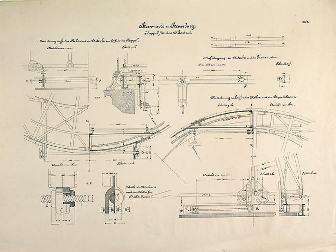 Planche montrant des détails du mécanisme de la coupole de l'altazimut (coupole nord).