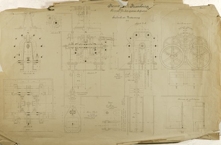 Planche montrant des détails du mécanisme d'ouverture de la coupole de la lunette équatoriale.