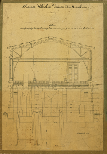Coupe transversale nord-sud de la salle méridienne montrant la structure des piliers du cercle méridien Cauchoix (échelle 1/50).