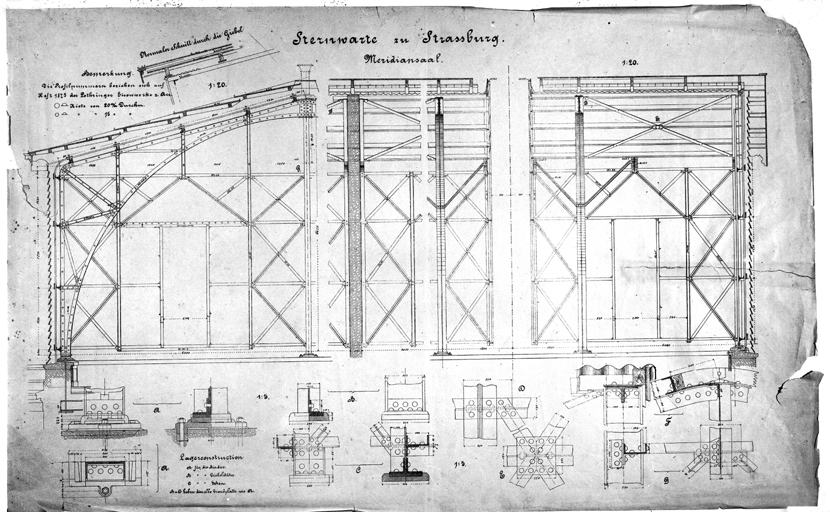 Planche montrant plusieurs coupes et détails de la charpente métallique de la salle méridienne.