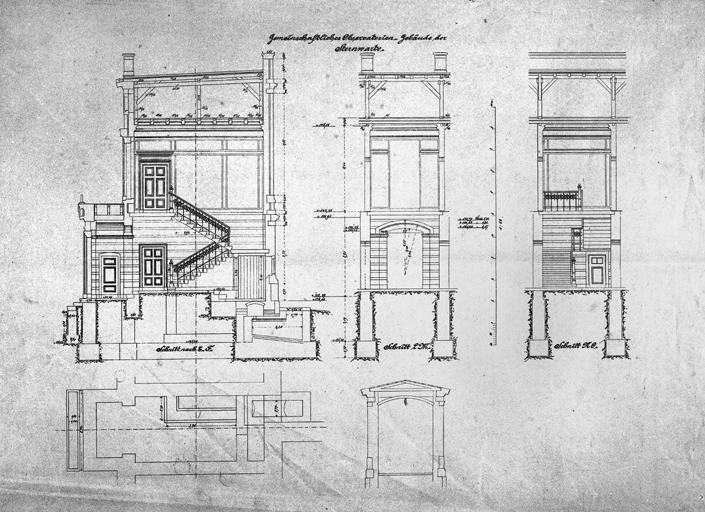 Coupes et plan de l'entrée ouest et de la cage d'escalier du bâtiment méridien