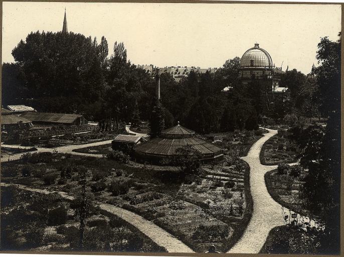 Vue du bâtiment équatorial depuis le jardin botanique (serres au premier plan).