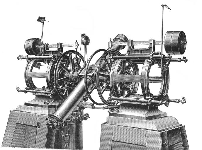 Vue d'ensemble du cercle méridien de l'observatoire Kuffner de Vienne, les contrepoids du cercle sont différents de ceux de Strasbourg.