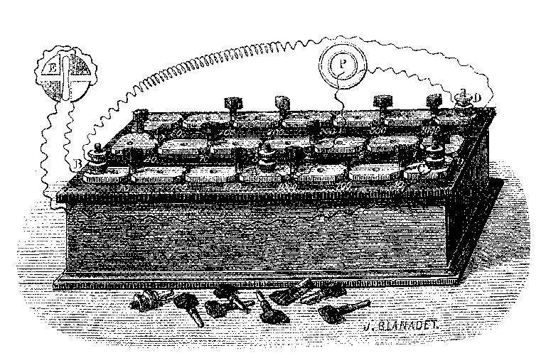 Dessin du montage du pont de Wheatstone en coffret.